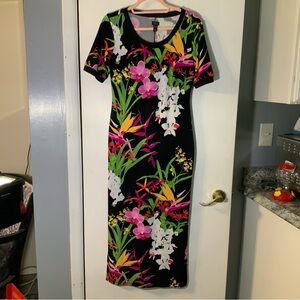 G.I.L.I. Black Floral Midi Dress w Side Slits Pull On Short Sleeve XXSP